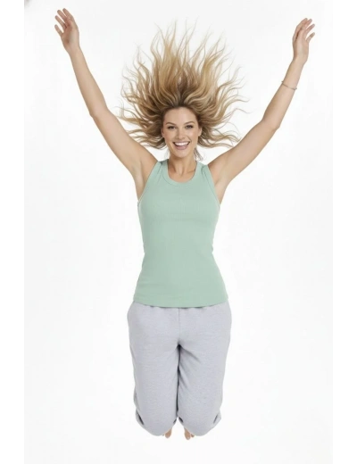 Kadın Fitilli Atlet Sıfır Yaka Slim Fit Arka Baskılı Spor Atlet - Mint Yeşili