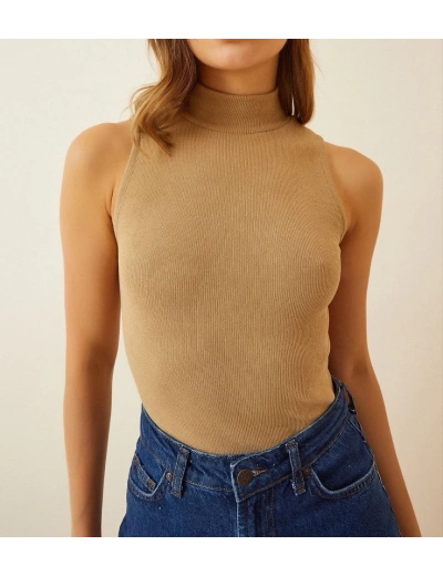 Kadın Full Likralı Fitilli Kaşkorse Body - Camel