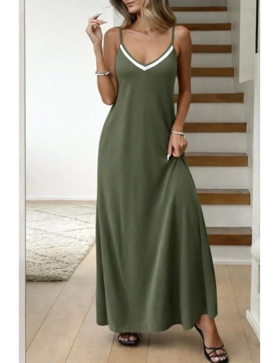 Kadın Ip Askılı V şerit Yakalı Uzun Viskon Elbise