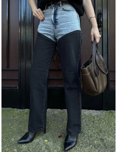 Kadın Jeans Kot Parçalı Palazzo Pantolon - Siyah