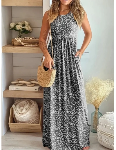 Kadın Kalın Askılı Yuvarlak Yaka Cepli Süprem Maksi Elbise