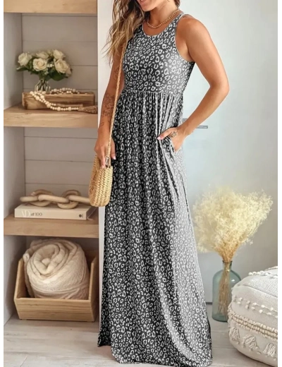 Kadın Kalın Askılı Yuvarlak Yaka Cepli Süprem Maksi Elbise