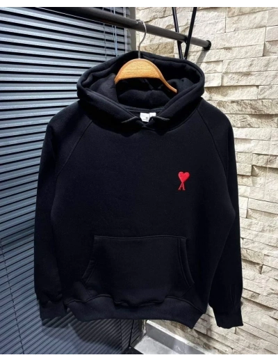 Kadın Oversize Kapüşonlu Cepli KALP Baskılı 3 İplik Pamuklu Hoodie Sweatshirt - Siyah