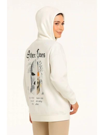 Kadın Kapüşonlu Kanguru Cepli Sweatshirt 3 İplik Pamuklu Baskılı Hoodie - Beyaz