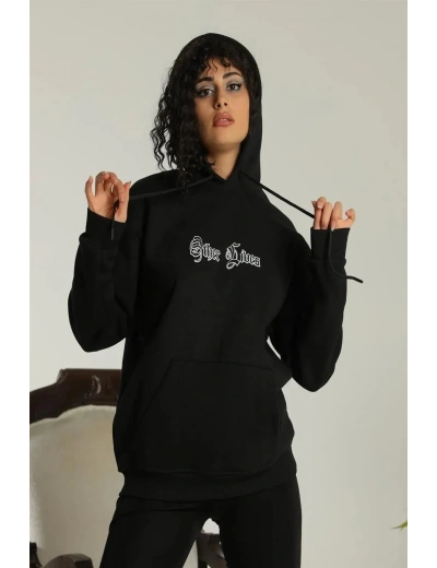 Kadın Oversize Kapüşonlu Cepli Baskılı 3 İplik Pamuklu Hoodie Sweatshirt - Siyah