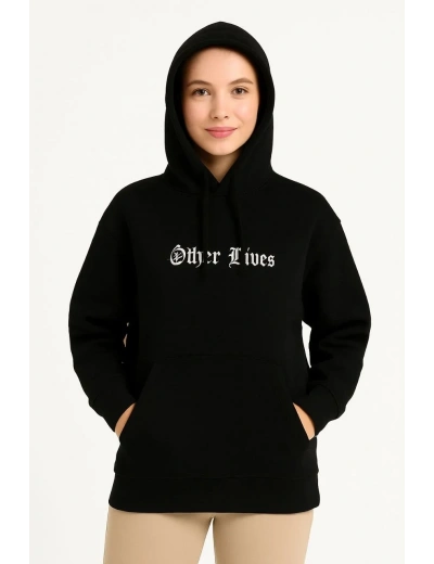Kadın Kapüşonlu Kanguru Cepli Sweatshirt 3 İplik Pamuklu Baskılı Hoodie - Siyah