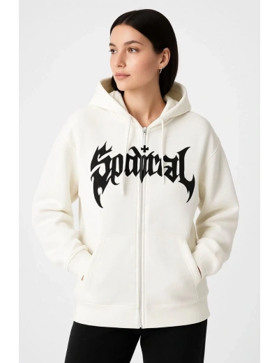 Kadın Kapüşonlu 3 İplik Pamuklu Önü Baskılı Fermuarlı Oversize Hoodie Sweatshirt - Beyaz