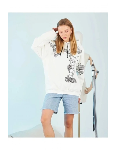 Kadın Oversize Kapüşonlu Baskılı 3 İplik Pamuklu Hoodie Sweatshirt - B