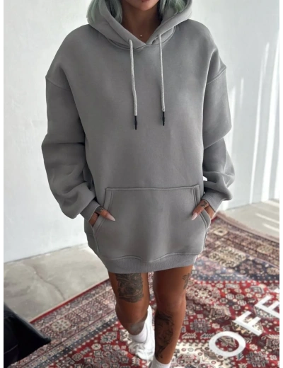 Kadın Kapüşonlu Kanguru Cepli 3 İplik Pamuklu Oversize Hoodie Sweatshirt -  Boyalı Gri