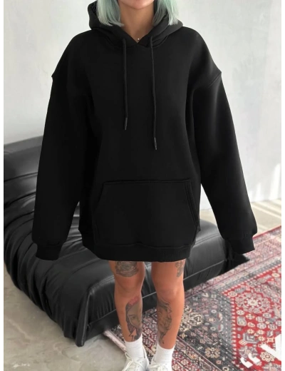 Kadın Kapüşonlu Kanguru Cepli 3 İplik Pamuklu Oversize Hoodie Sweatshirt - Siyah