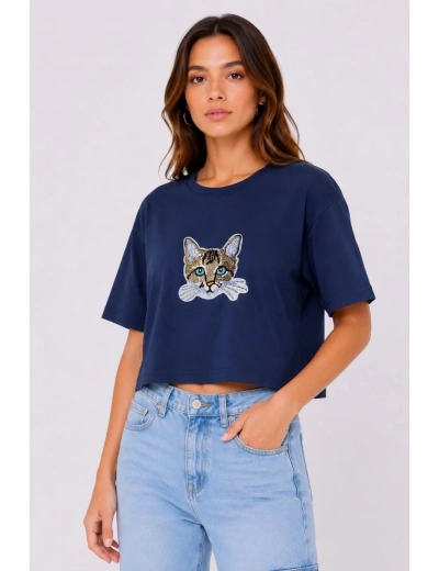 Kadın Kedi Baskılı Oversize Crop Tişört Salaş Basic Yarım Kol T-shirt - Lacivert