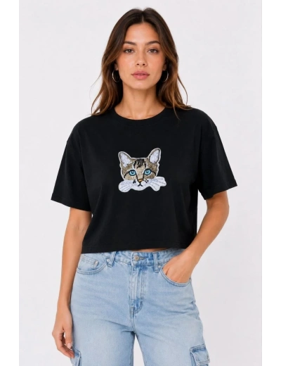 Kadın Kedi Baskılı Oversize Crop Tişört Salaş Basic Yarım Kol T-shirt - Siyah