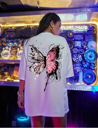 Kadın Kısa Kol Yazlık Tişört Bisiklet Yaka Kelebek Baskılı T-Shirt - Beyaz