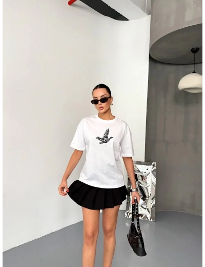 KADIN Baskılı T-Shirt Kısa Kol Bisiklet Yaka Regular Fit Yazlık Tişört - Beyaz