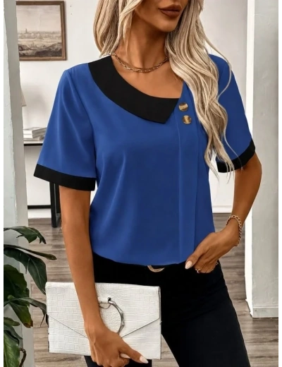 Kadın Kısa Kollu Asımetrik Yaka Detaylı Düğmeli Dubai Bluz