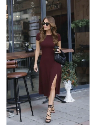 Kadın Kısa Kollu Balıkçı Yaka Derin Yırtmaç Detay Viskon Elbise