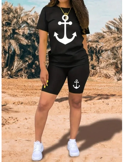 Kadın Kısa Kollu çapa Baskılı Viskon Ikili Takım