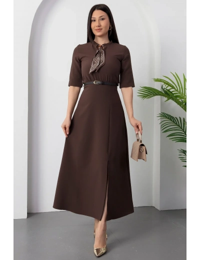 Kadın Kısa Kollu Fular Ve Kemer Detay önden Yırtmaçlı Maxi Boy Elbise