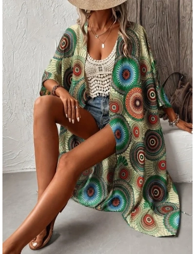Kadın Kısa Kollu önü Açık Belden Kuşaklı Uzun Kimono