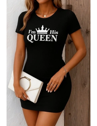 Kadın Kısa Kollu Queen Baskı Iki Iplik Mini Elbise