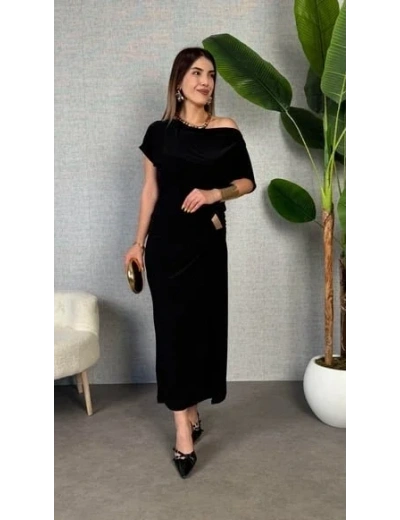 Kadın Kısa Kollu Tek Omuzdan Açık Beli Lastikli Sandy Maxi Elbise