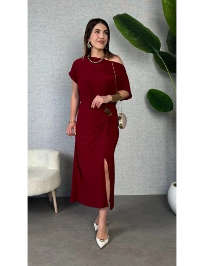 Kadın Kısa Kollu Tek Omuzdan Açık Beli Lastikli Sandy Maxi Elbise