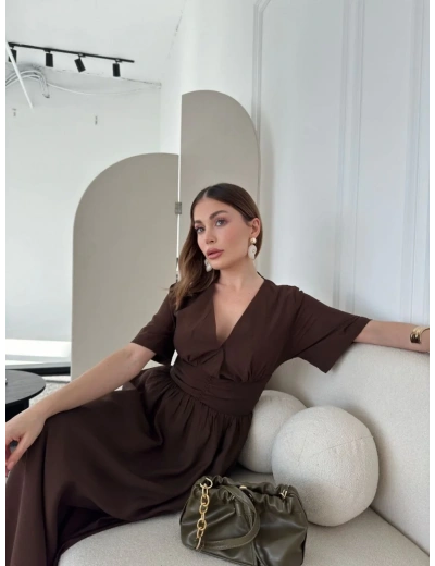 Kadın Kısa Kollu Uzun Elbise - Kahve