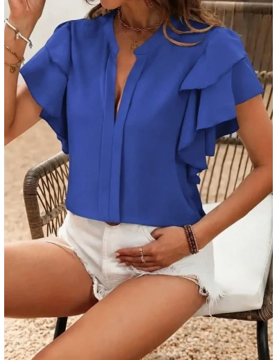 Kadın Kısa Kollu V Hakim Yaka Kolları Fırfırlı Dubai Bluz