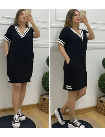 Kadın Kısa Kollu V Yaka Ribana Detaylı Cepli Dizüstü Viskon Elbise