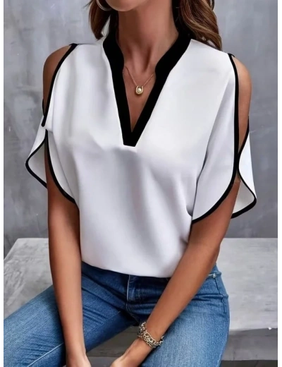 Kadın Kısa Kollu V Yakalı Ithal Krep Bluz