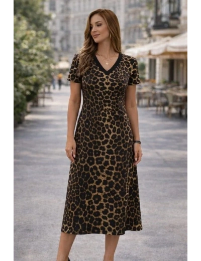 Kadın Kısa Kollu V Yakalı Leopar Desenli Kısa Süprem Elbise