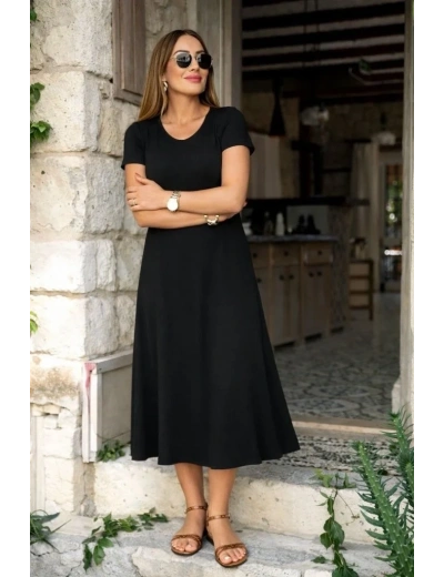 Kadın Kısa Kollu V Yakalı Yırtmaçlı Midi Viskon Elbise