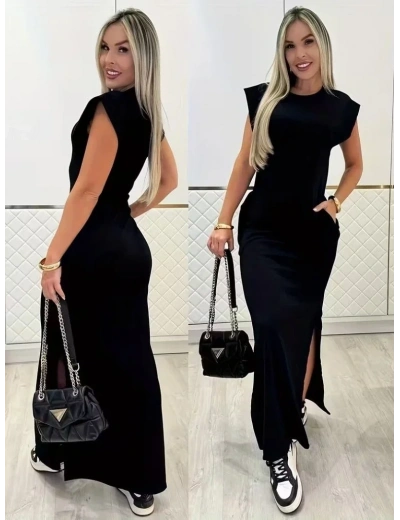 Kadın Kısa Kollu Vatkalı Cep Detaylı Yırtmaçlı Viskon Uzun Elbise