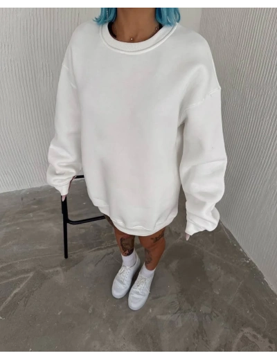 Kadın Bisiklet Yaka 3 İplik Pamuklu Basic SweatShirt - Beyaz