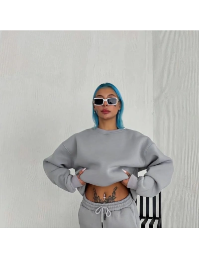 Kadın Bisiklet Yaka 3 İplik Pamuklu Basic SweatShirt - Gri