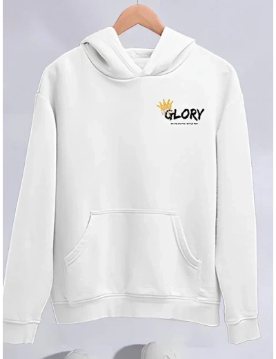 Kadın Oversize Kapüşonlu Kanguru Cepli Baskılı 3 İplik Pamuklu Sweatshirt Hoodie -   Beyaz