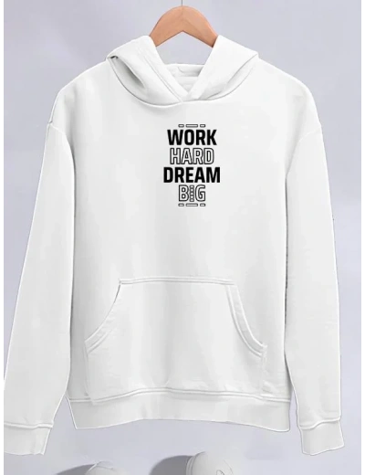 Kadın Oversize Kapüşonlu Cepli Baskılı 3 İplik Pamuklu Hoodie Sweatshirt - Beyaz