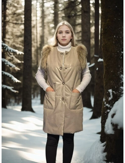 Kadın Kolsuz Hakiki Deri Kürk - Krem