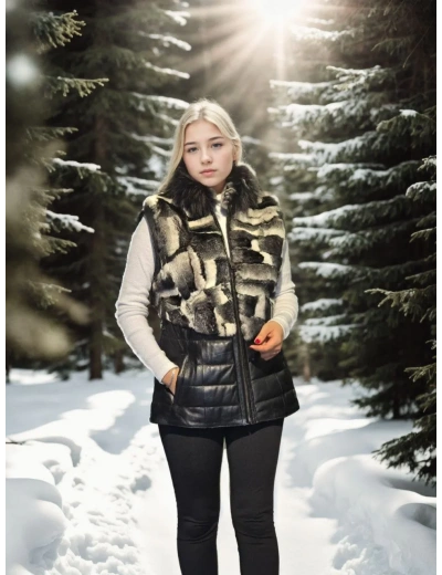 Kadın Kolsuz Hakiki Deri Kürk - Siyah