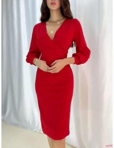 Kadın Kruvaze Yaka Balon Kol Midi Boy Elbise
