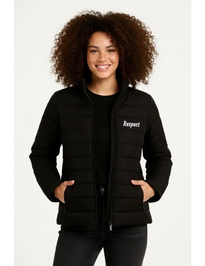 Kadın Mikro Su İtici Kapitone Baskılı Astarlı Fermuarlı Bomber Mont - Siyah