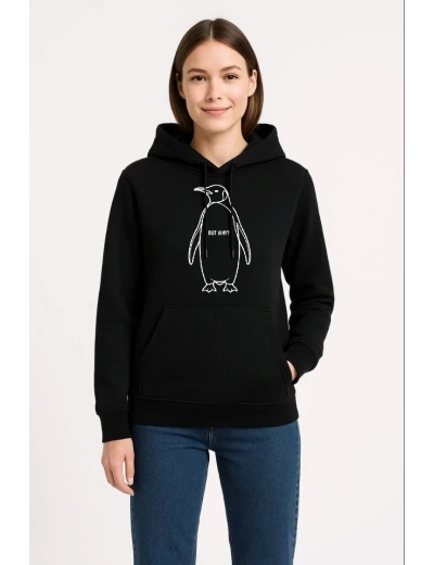 Kadın 3 İplik Pamuklu Kapüşonlu Hoodie Sweatshirt Nihilist Penguen Baskılı - Siyah