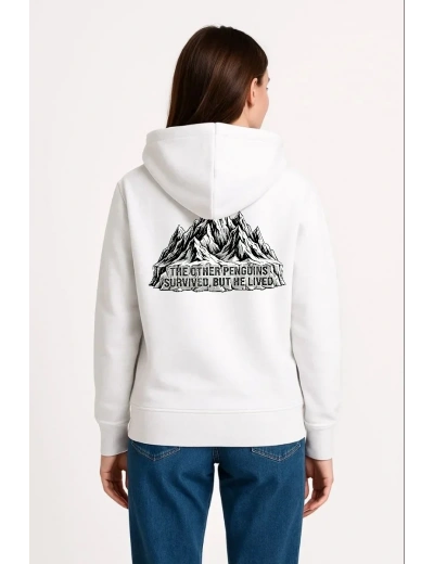 Kadın 3 İplik Pamuklu Kapüşonlu Hoodie Sweatshirt Nihilist Penguen Baskılı - Beyaz