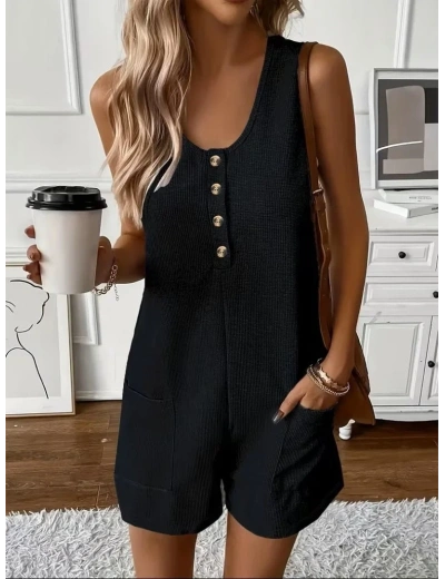 Kadın Omuz Askılı önden Düğmeli Waffle Kısa Tulum