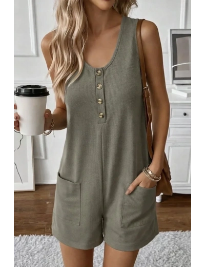 Kadın Omuz Askılı önden Düğmeli Waffle Kısa Tulum