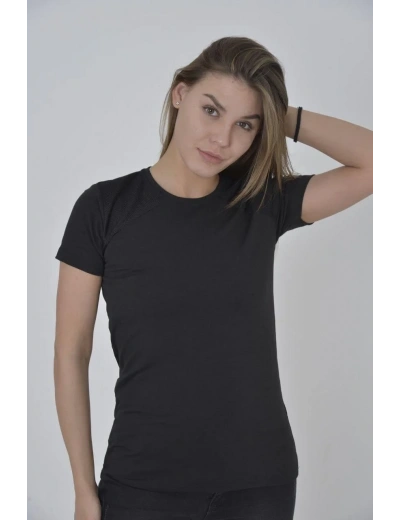 Kadın Omuz Fileli Slim Fit T-shirt - Siyah