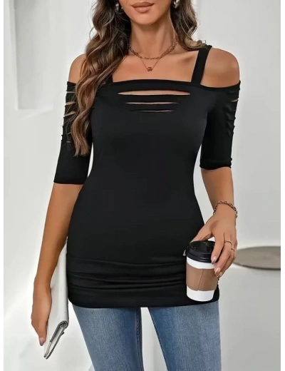 Kadın Omuzlardan Açık Askılı Lazer Kesim Detaylı Viskon Bluz