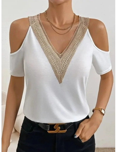 Kadın Omuzlardan Açık V Yakalı Viskon Bluz