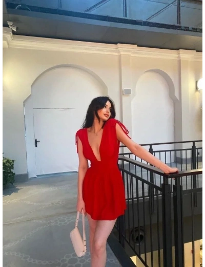 Kadın Omuzu ip Askılı Şortlu Elbise - Kırmızı