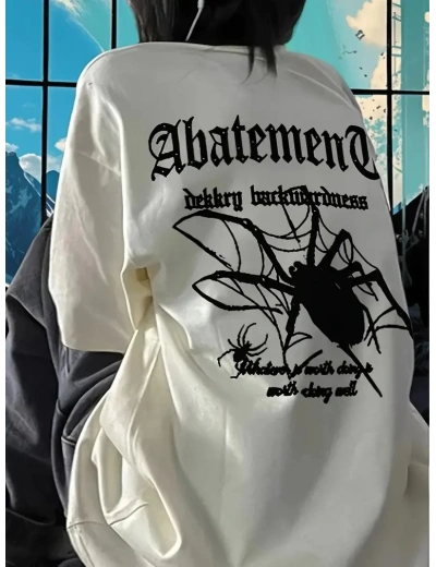 Kadın Tişört Örümcek Baskılı Bisiklet Yaka T-shirt - Beyaz